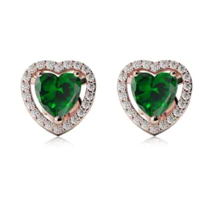 24k Rose Gold Plated 2 Ct Created Halo Heart Emerald Stud Earrings
