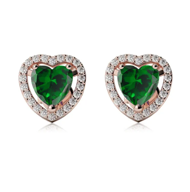 24k Rose Gold Plated 2 Ct Created Halo Heart Emerald Stud Earrings