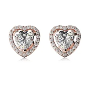 24k Rose Gold Plated 4 Ct Created Halo Heart White Sapphire Stud Earrings