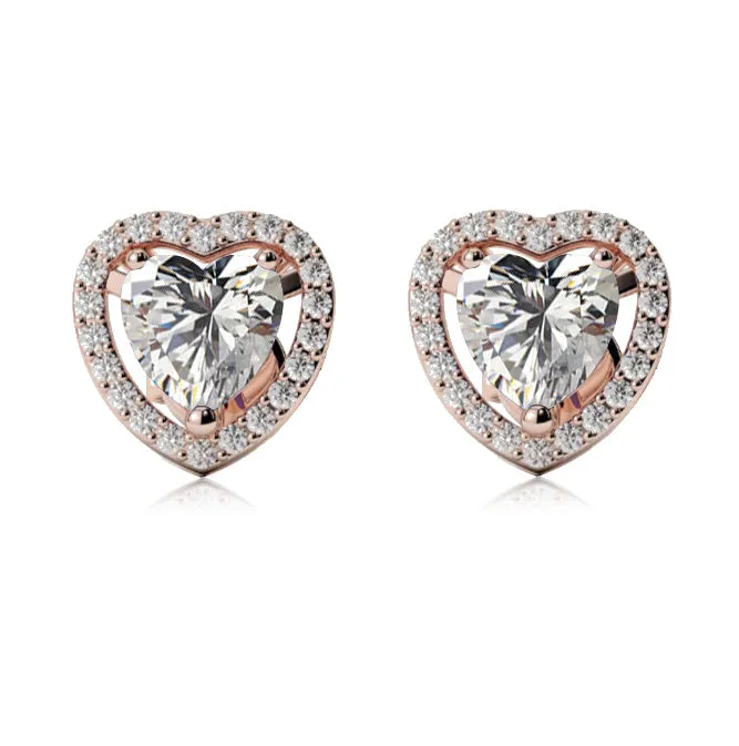 24k Rose Gold Plated 4 Ct Created Halo Heart White Sapphire Stud Earrings