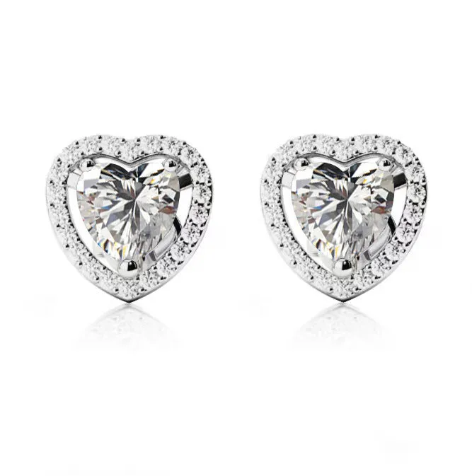 24k White Gold Plated 2 Ct Created Halo Heart White Sapphire Stud Earrings
