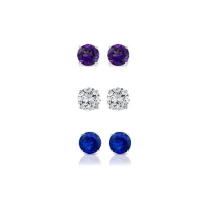24k White Gold Plated 3Ct Created Amethyst, White Sapphire and Blue Sapphire 3 Pair Round Stud Earrings