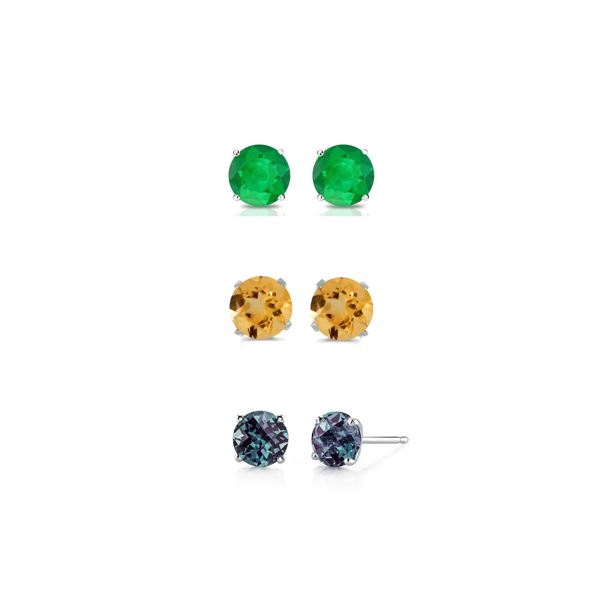 24k White Gold Plated 3Ct Created Emerald, Citrine and Alexandrite 3 Pair Round Stud Earrings