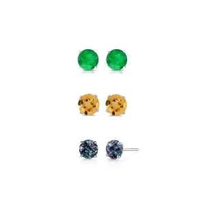 24k White Gold Plated 3Ct Created Emerald, Citrine and Alexandrite 3 Pair Round Stud Earrings