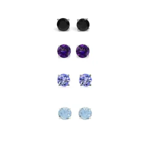 24k White Gold Plated 4Ct Created Black Sapphire, Amethyst, Tanzanite and Aquamarine 4 Pair Round Stud Earrings