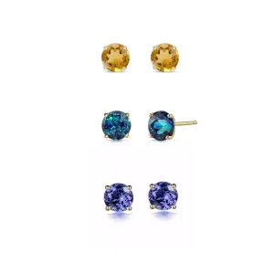 24k Yellow Gold Plated 4Ct Created Citrine, Alexandrite and Tanzanite 3 Pair Round Stud Earrings
