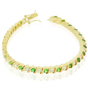 925 Sterling Silver Clear Green Emerald-Tone Round CZ S-Link Tennis Bracelet
