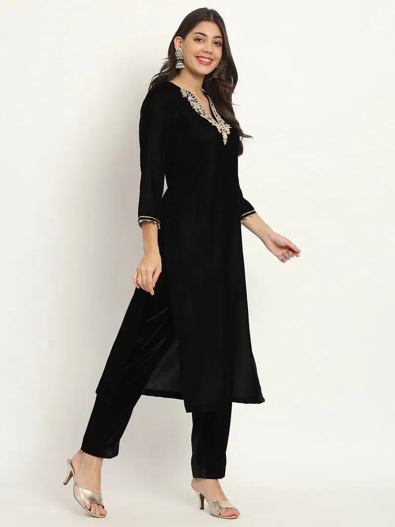 Black Zardozi Velvet Set With Net Dupatta