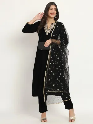 Black Zardozi Velvet Set With Net Dupatta