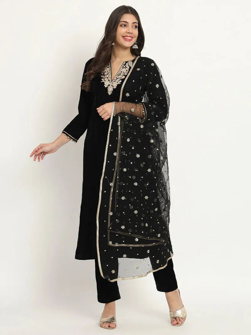 Black Zardozi Velvet Set With Net Dupatta