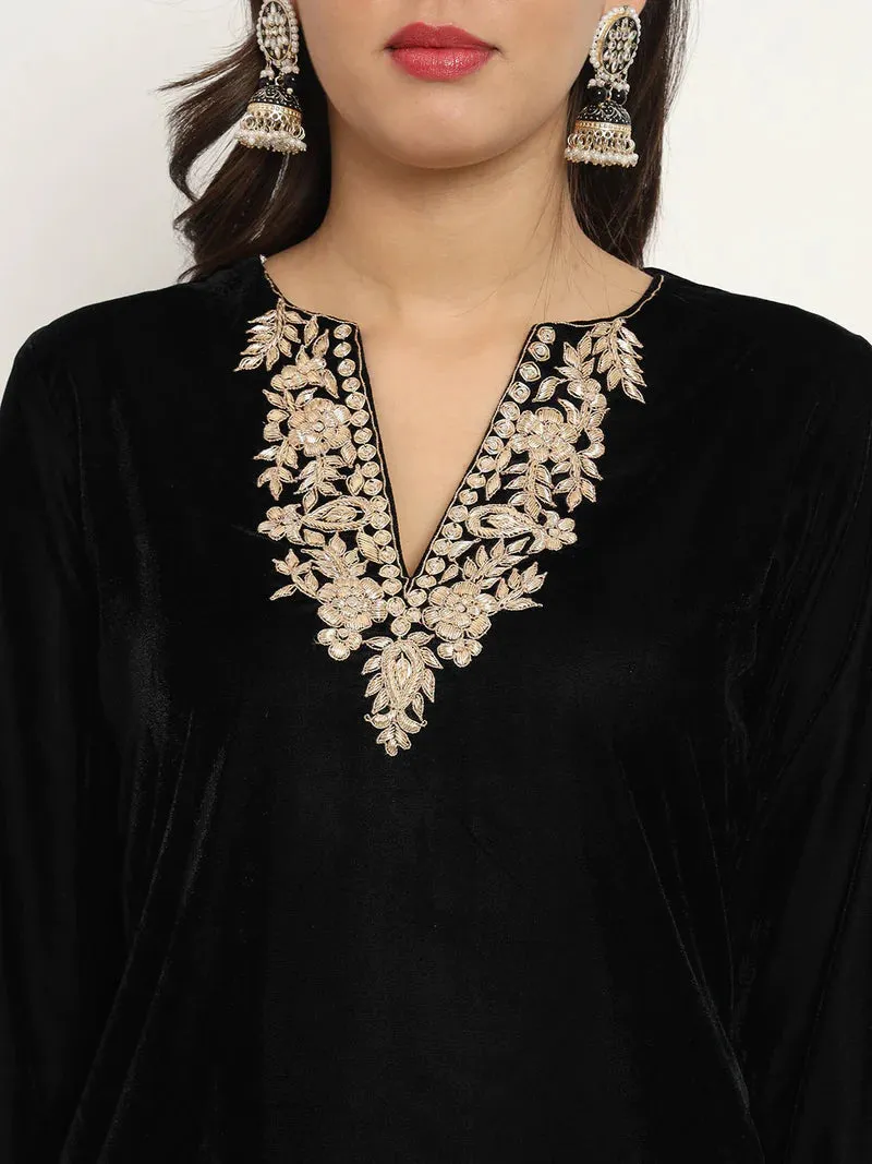 Black Zardozi Velvet Set With Net Dupatta