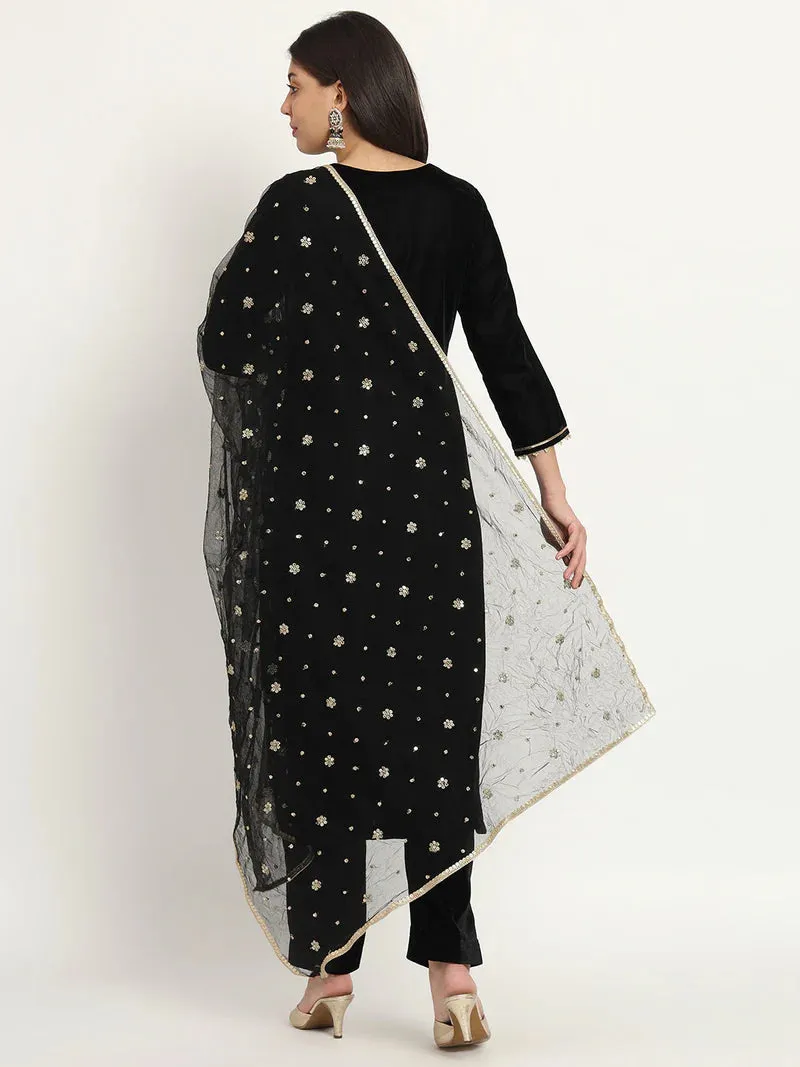 Black Zardozi Velvet Set With Net Dupatta