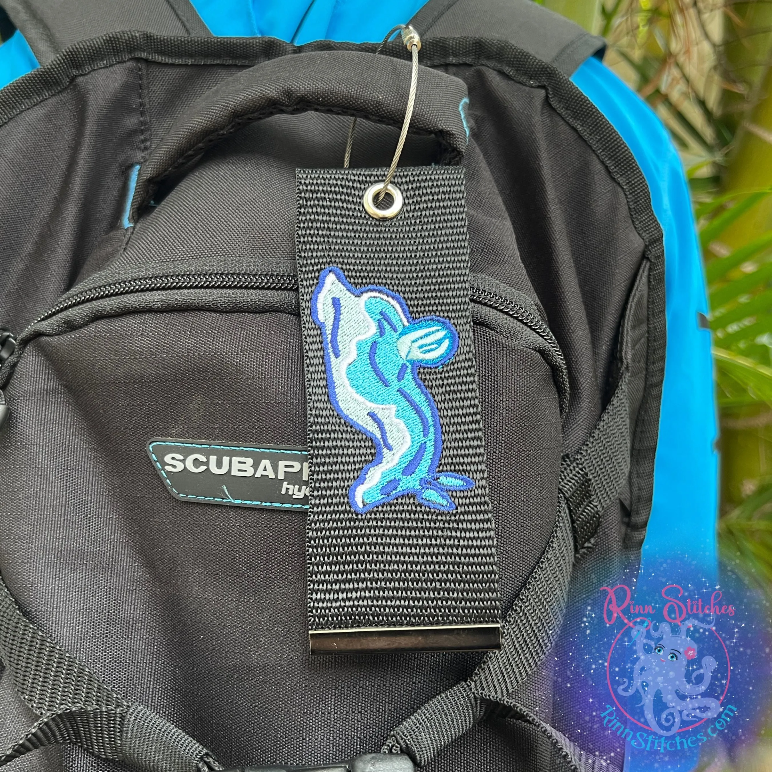 Blue Nudibranch Luggage Tag, Personalized Embroidered Bag Tag