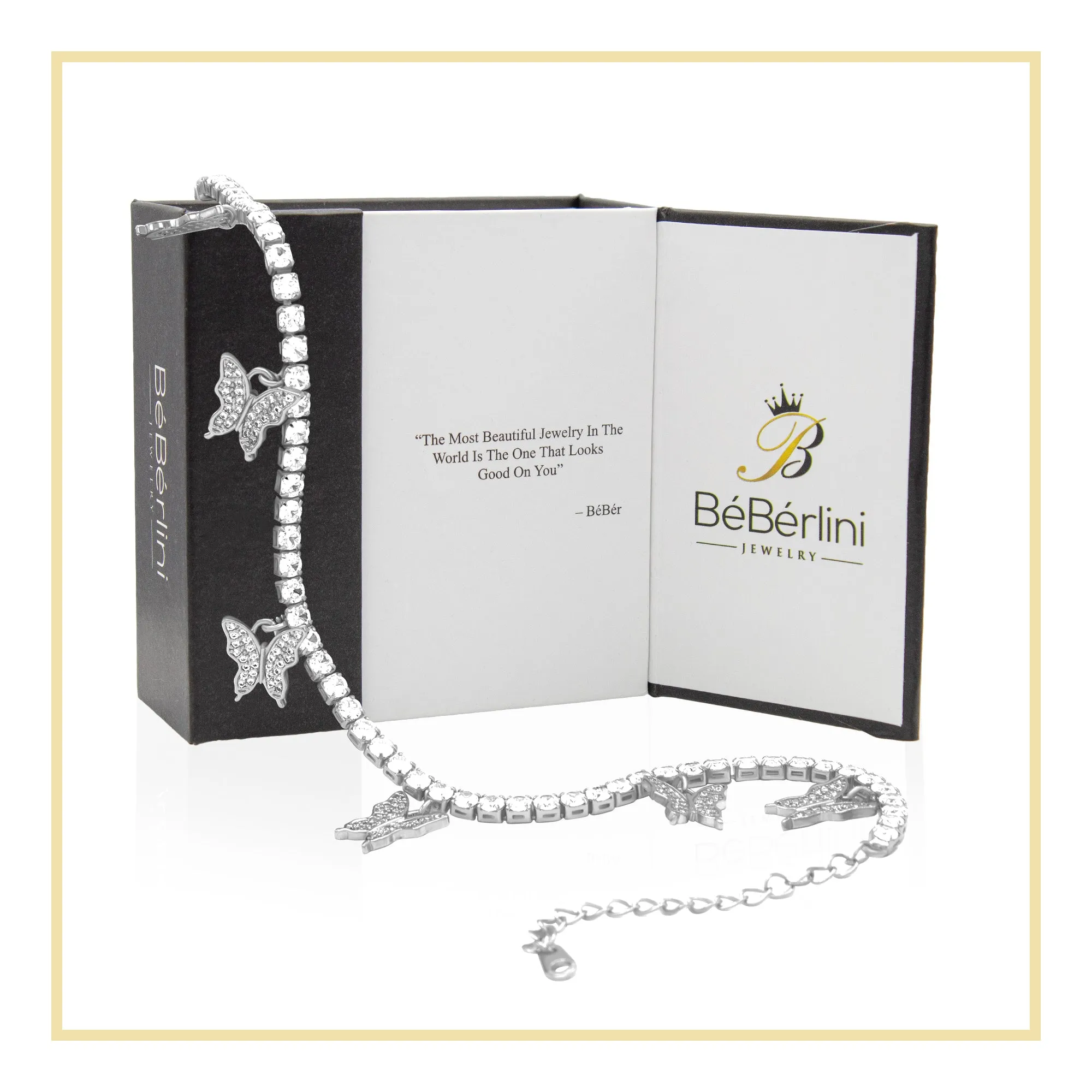 Butterfly Pendant 14K Gold Silver Plated 3 mm Tennis Anklet 9"  Cubic Zirconia Stones Women Jewelry