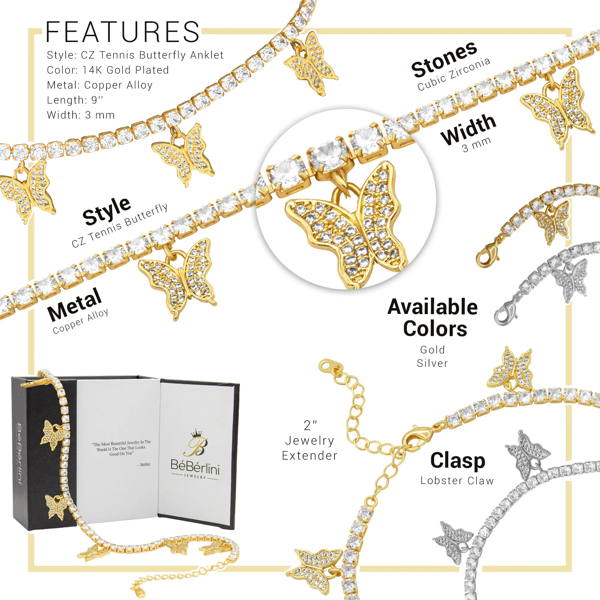 Butterfly Pendant 14K Gold Silver Plated 3 mm Tennis Anklet 9"  Cubic Zirconia Stones Women Jewelry