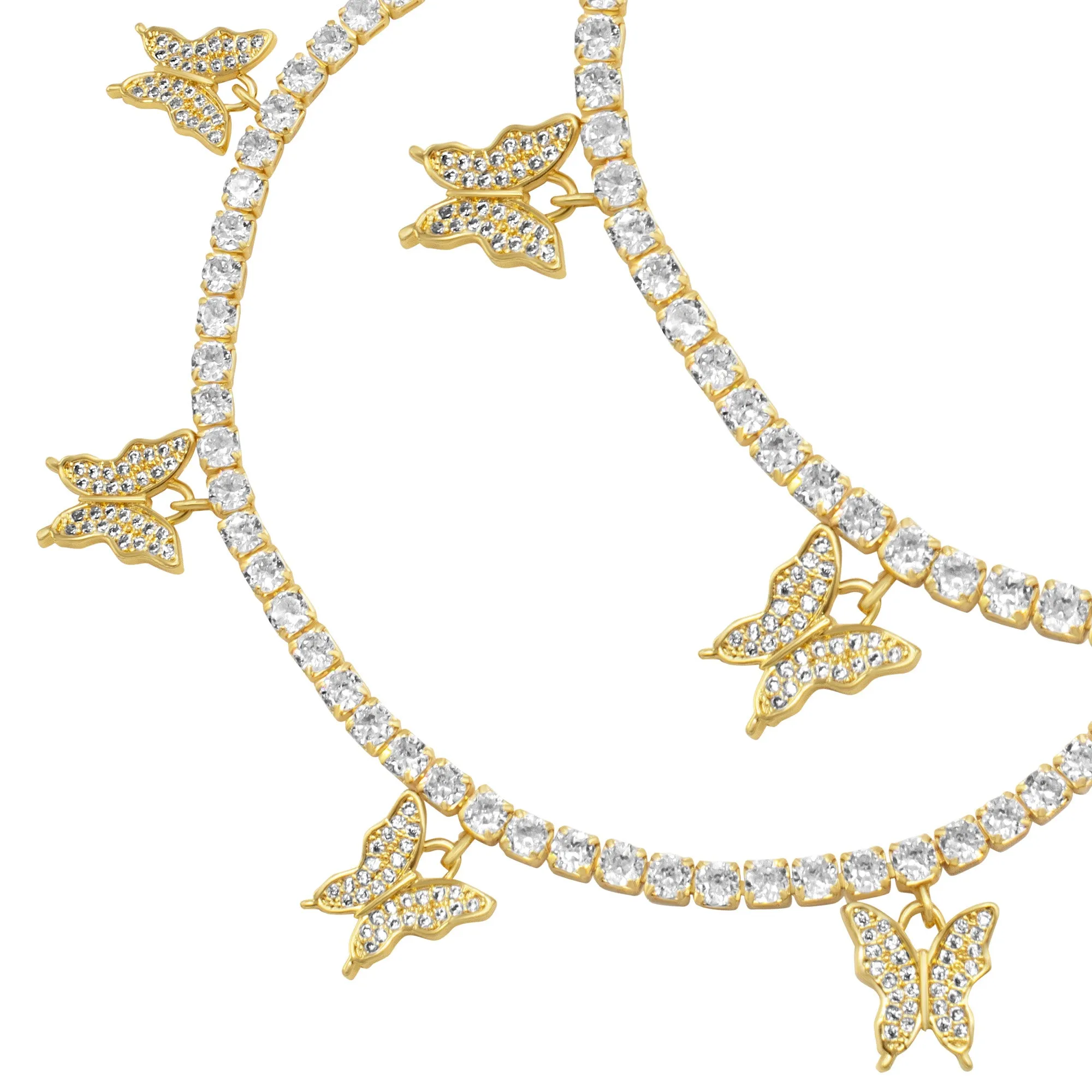 Butterfly Pendant 14K Gold Silver Plated 3 mm Tennis Anklet 9"  Cubic Zirconia Stones Women Jewelry