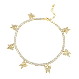 Butterfly Pendant 14K Gold Silver Plated 3 mm Tennis Anklet 9"  Cubic Zirconia Stones Women Jewelry