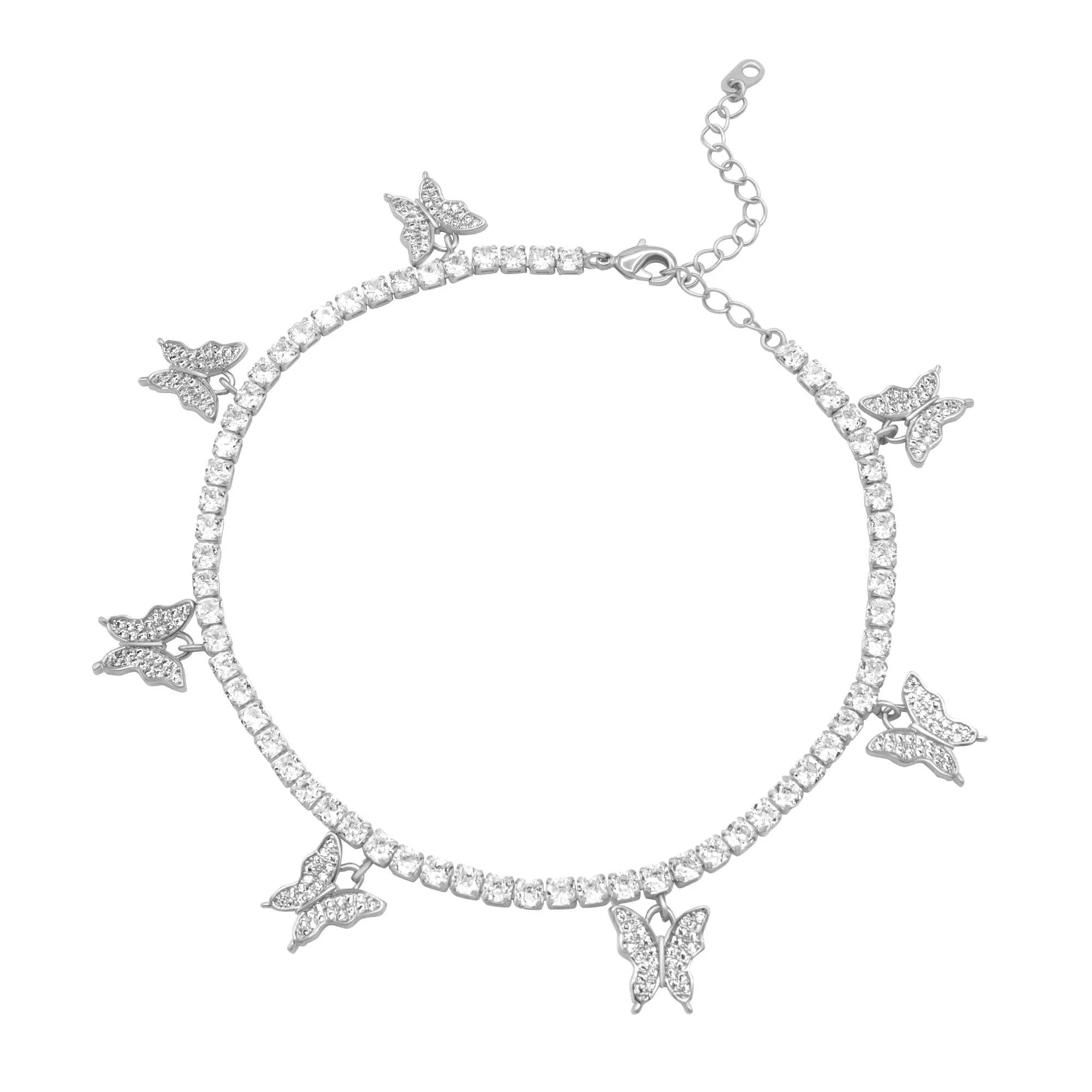 Butterfly Pendant 14K Gold Silver Plated 3 mm Tennis Anklet 9"  Cubic Zirconia Stones Women Jewelry