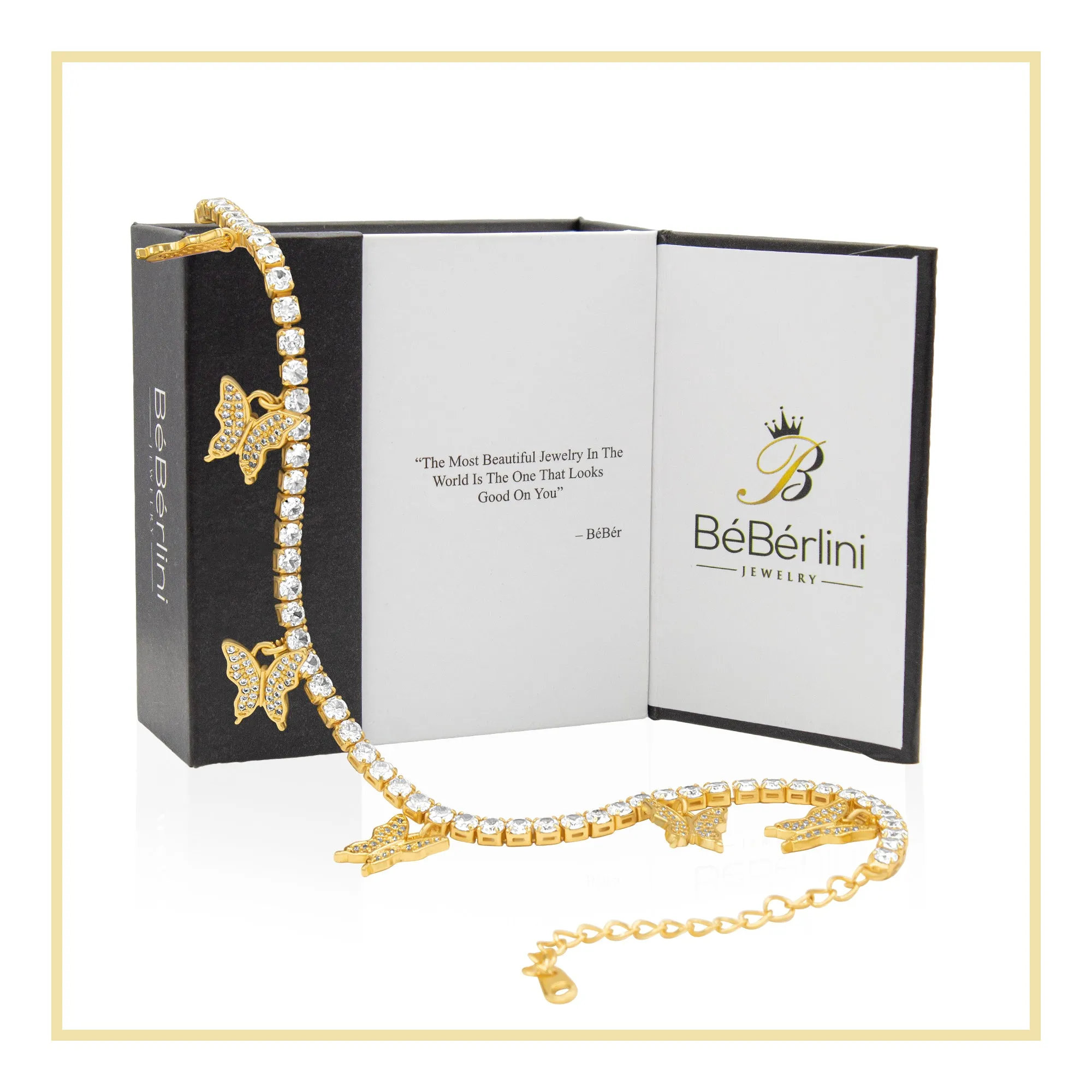 Butterfly Pendant 14K Gold Silver Plated 3 mm Tennis Anklet 9"  Cubic Zirconia Stones Women Jewelry