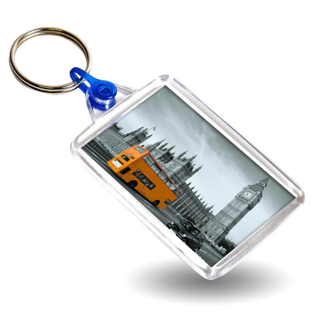 C102 Rectangular Blank Plastic Photo Insert Keyring with Coloured Connector - 50 x 35mm - Pack of 50