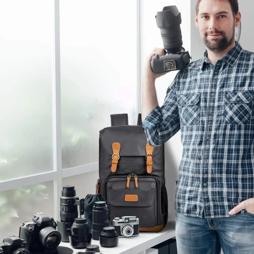 Camera Backpack Canvas with Laptop Compartment-Khaki