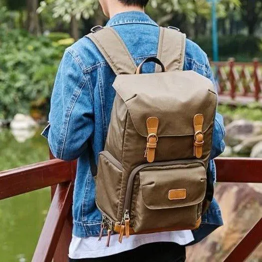 Camera Backpack Canvas with Laptop Compartment-Khaki
