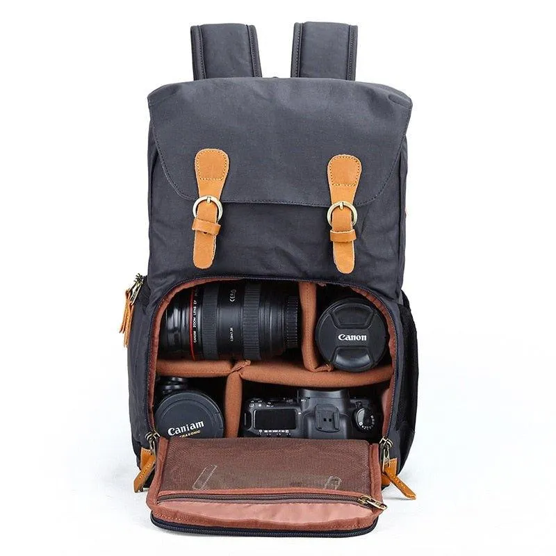 Camera Backpack Canvas with Laptop Compartment-Khaki