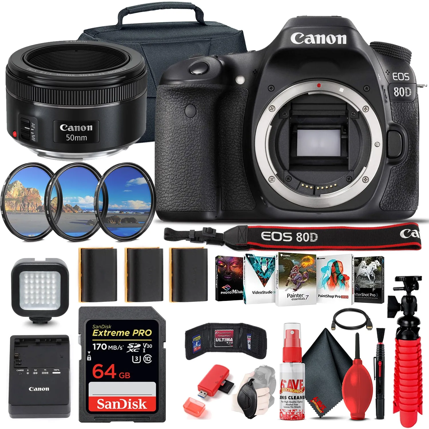Canon EOS 80D DSLR Camera (Body Only) (1263C004)   EF 50mm Lens   64GB Ultimate Bundle