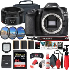 Canon EOS 80D DSLR Camera (Body Only) (1263C004)   EF 50mm Lens   64GB Ultimate Bundle
