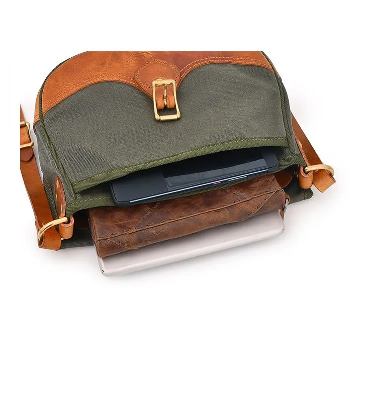 Canvas Leather Mens Womens Army Green Saddle Side Bag Messenger Bag Small Shoulder Bag For Men