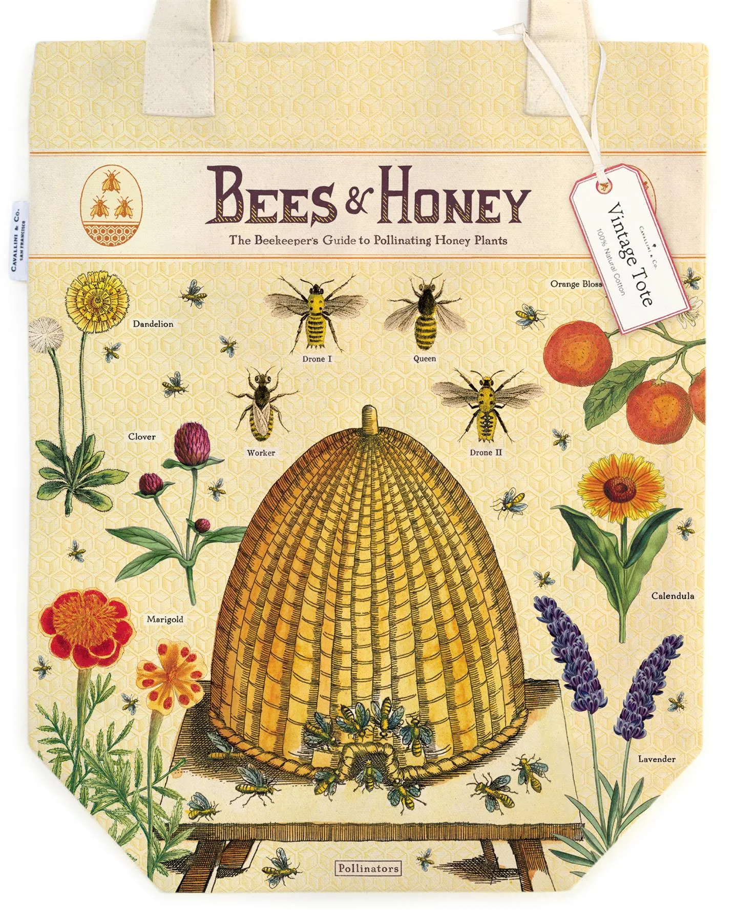 Cavallini - 100% Natural Cotton Vintage Tote Bag - 33x40.5cms - Bees & Honey