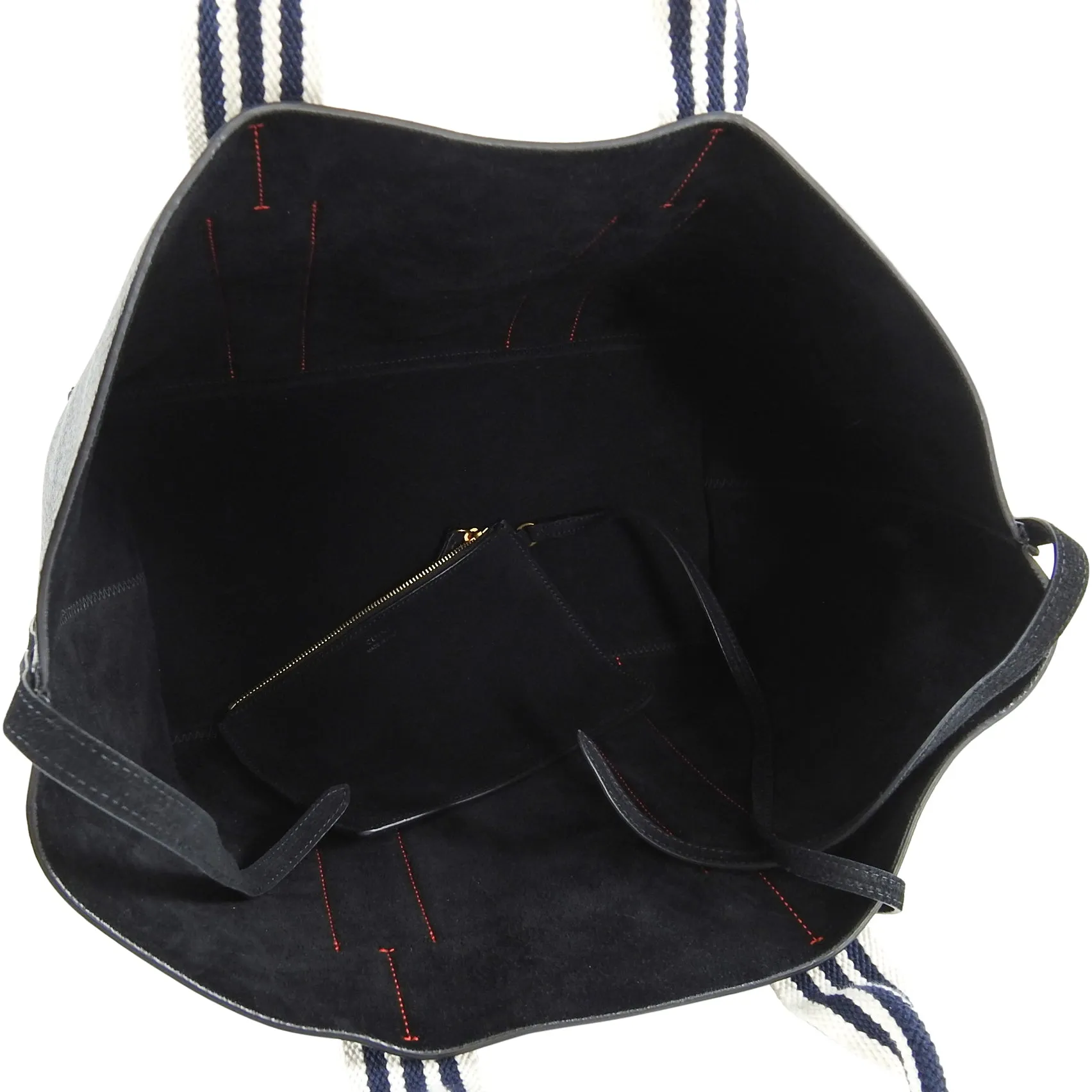 Celine Black Pebbled Leather Tote with Canvas Striped Straps
