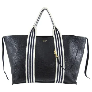 Celine Black Pebbled Leather Tote with Canvas Striped Straps