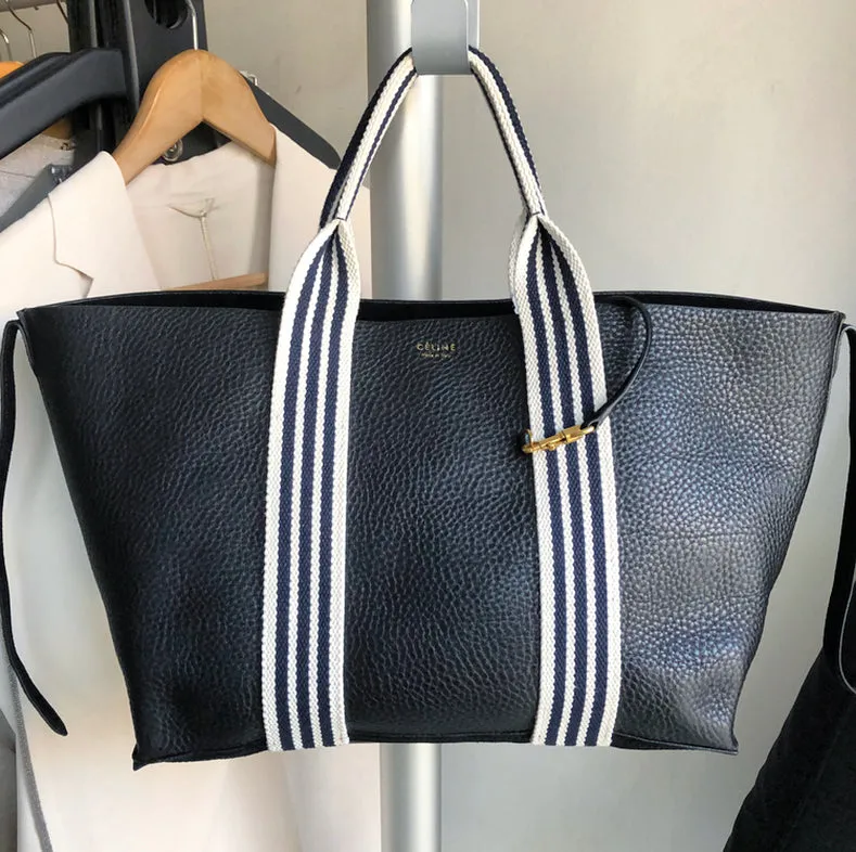 Celine Black Pebbled Leather Tote with Canvas Striped Straps