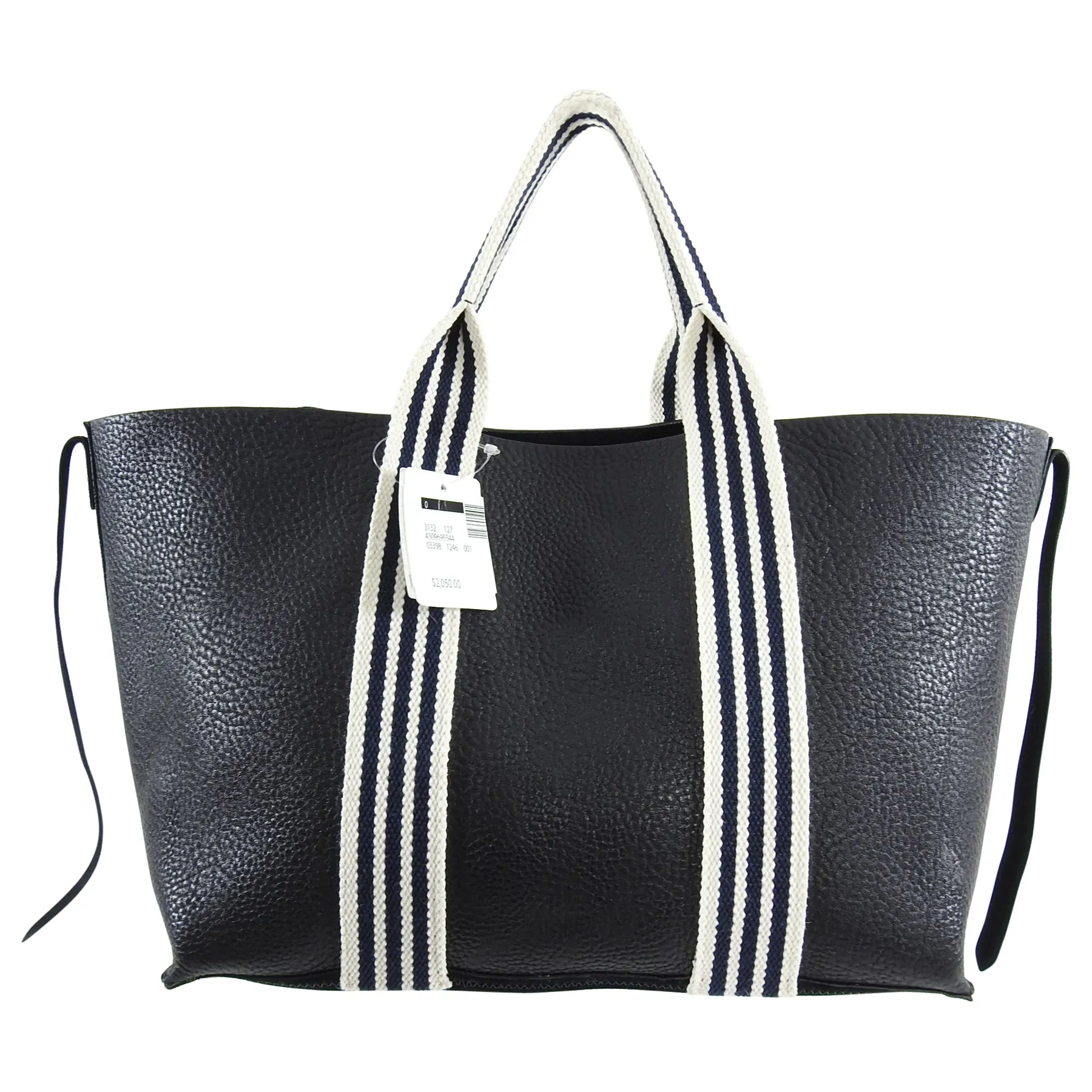 Celine Black Pebbled Leather Tote with Canvas Striped Straps