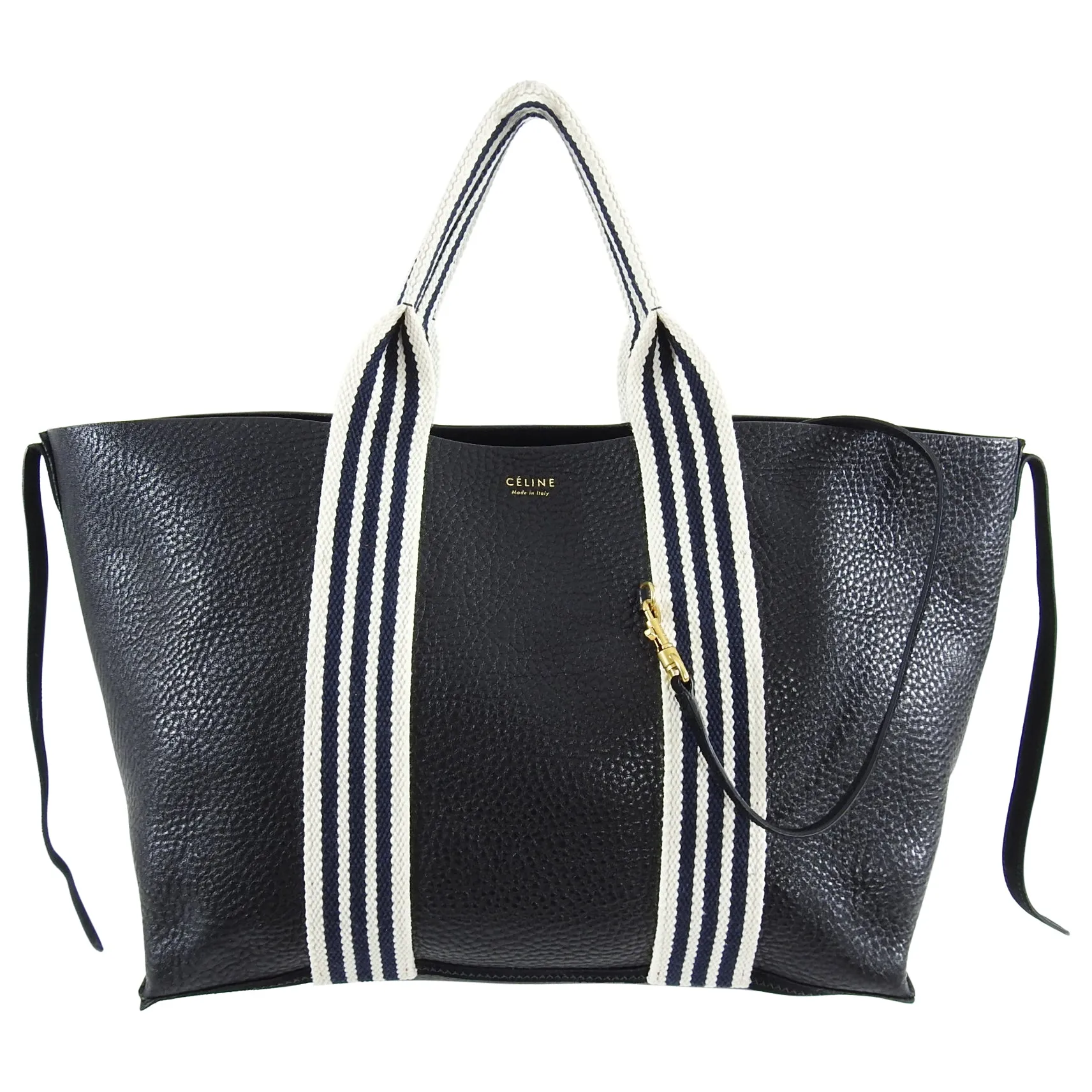 Celine Black Pebbled Leather Tote with Canvas Striped Straps