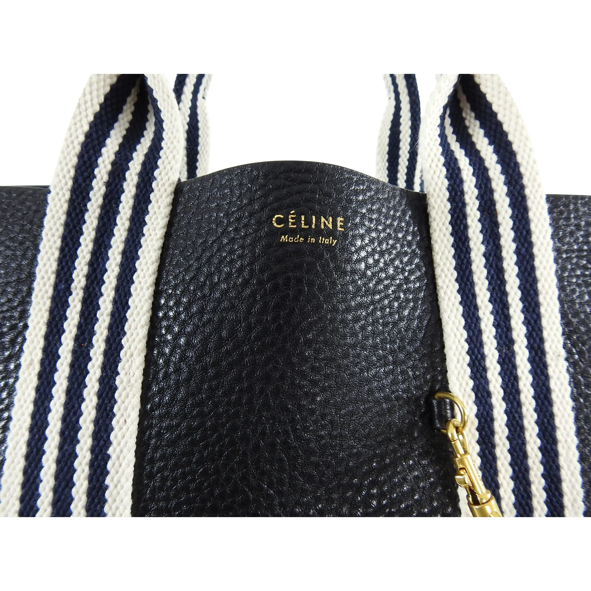 Celine Black Pebbled Leather Tote with Canvas Striped Straps