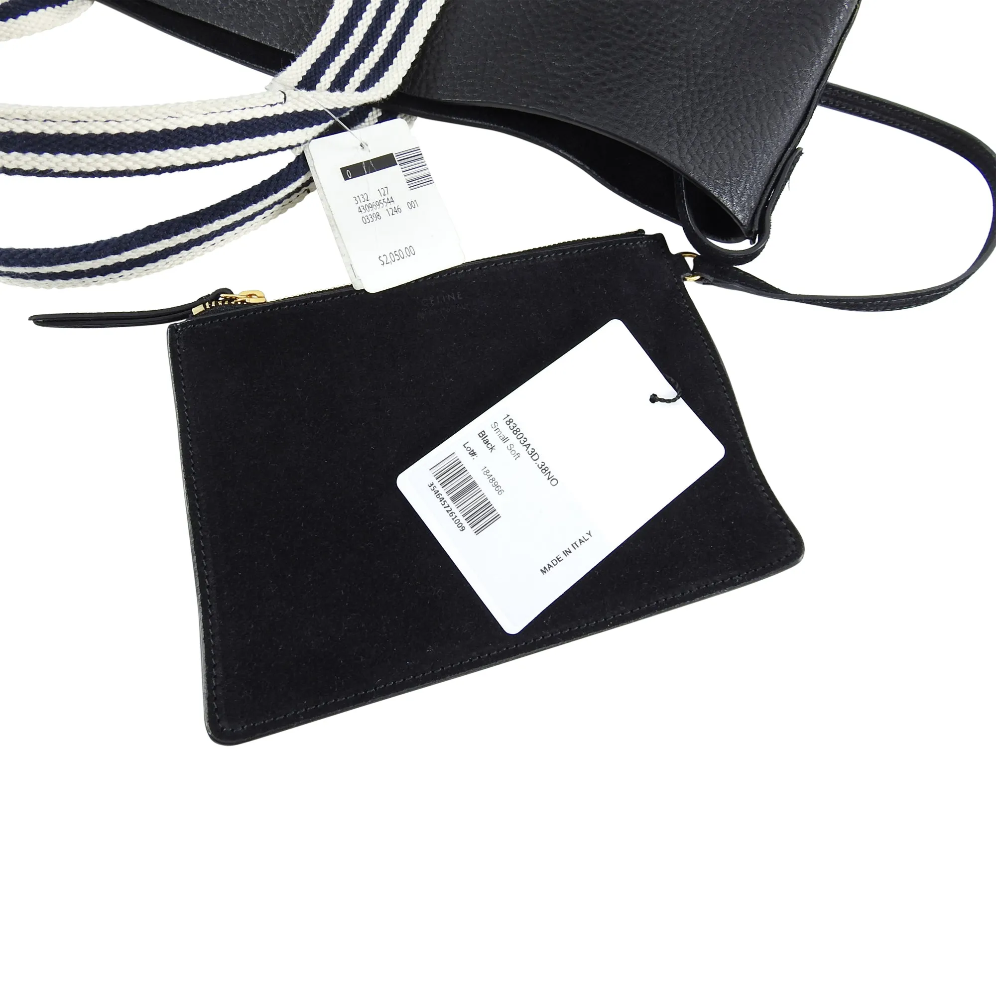 Celine Black Pebbled Leather Tote with Canvas Striped Straps