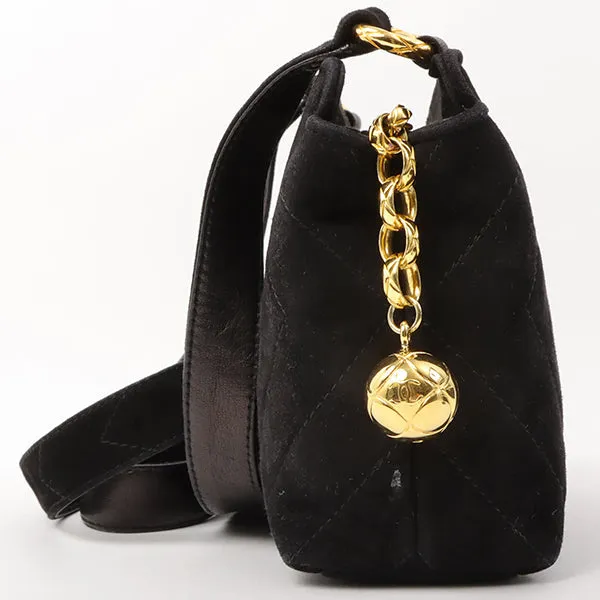 Chanel Around 1992 Made Suede Cc Mark Stitch Ball Charm Shoulder Bag Black