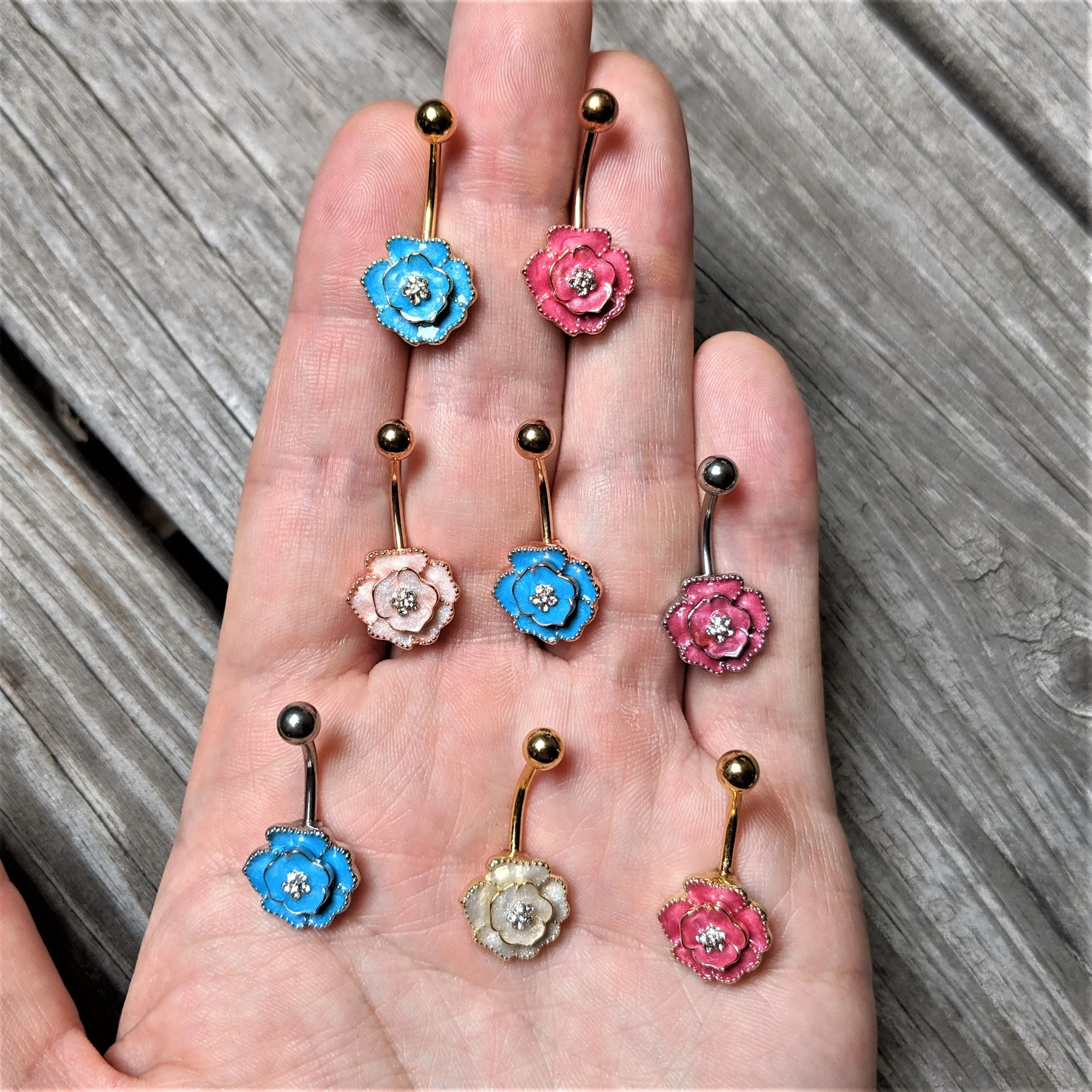 Clear Gem Gold Tone Pink Rose Reversible Belly Ring