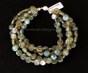 Czech Luster Glass Coin Bead 4-Strand Bracelet with Fire Polished Glass and Sterling Silver Magnet Clasp