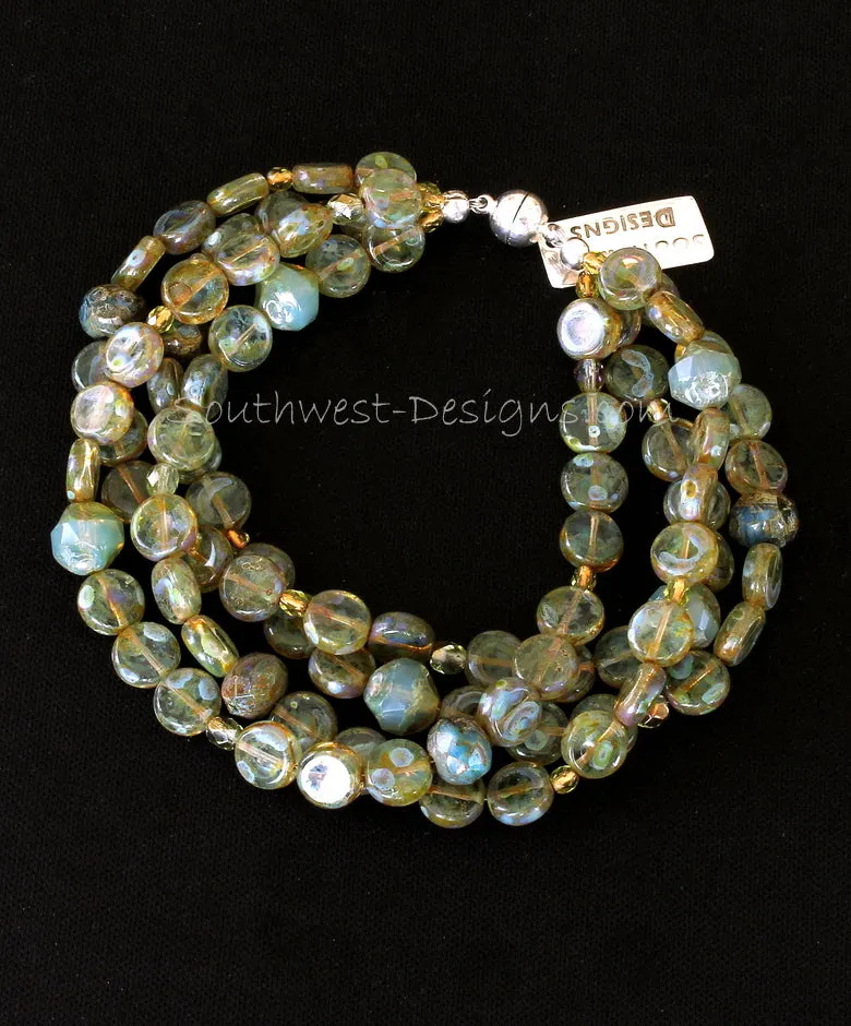 Czech Luster Glass Coin Bead 4-Strand Bracelet with Fire Polished Glass and Sterling Silver Magnet Clasp