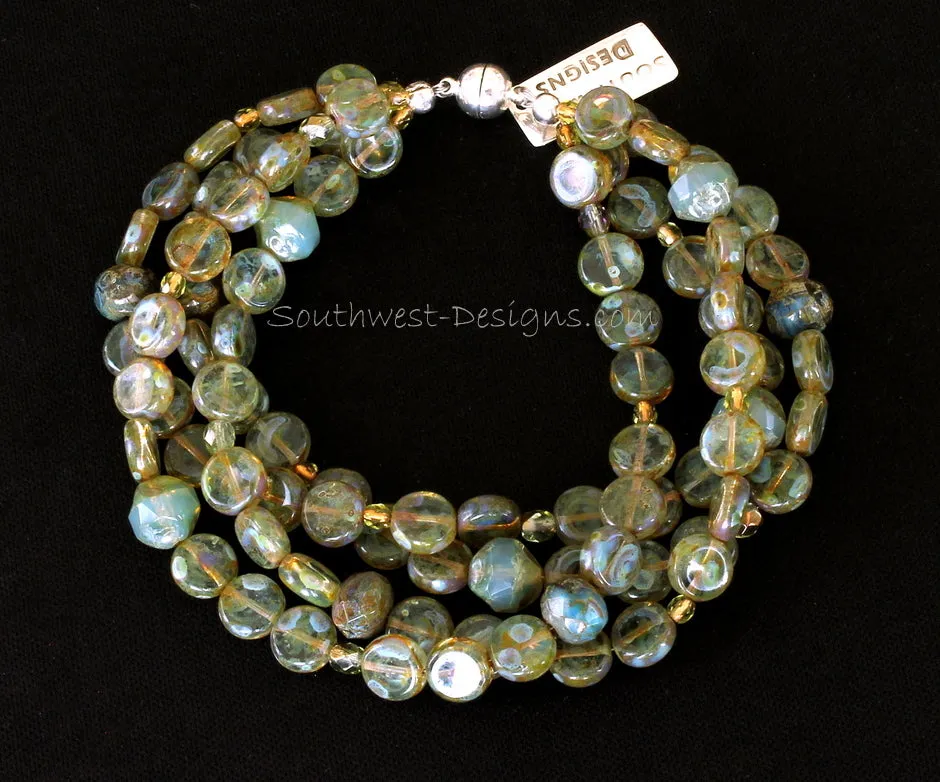 Czech Luster Glass Coin Bead 4-Strand Bracelet with Fire Polished Glass and Sterling Silver Magnet Clasp