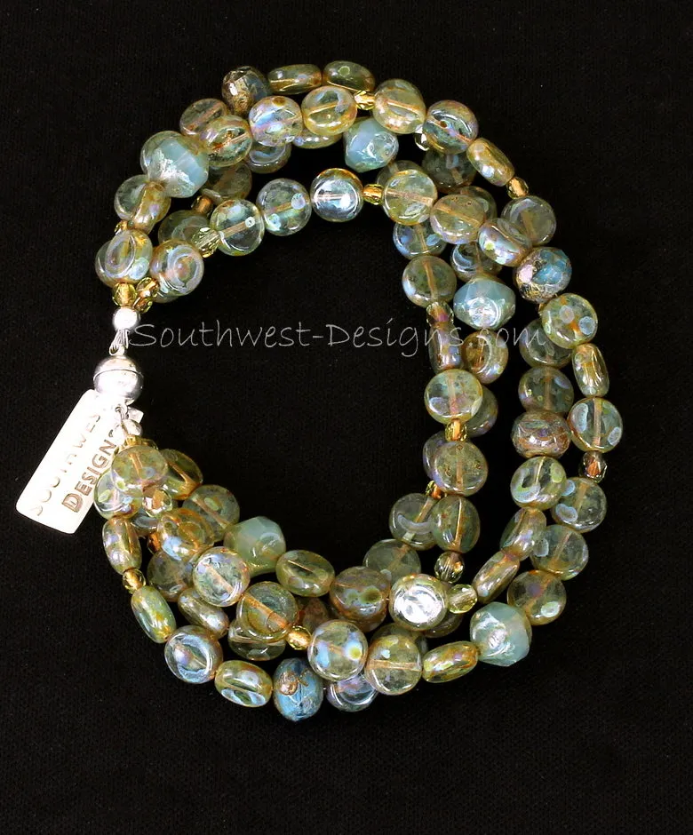 Czech Luster Glass Coin Bead 4-Strand Bracelet with Fire Polished Glass and Sterling Silver Magnet Clasp