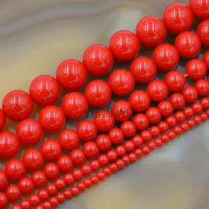 Czech Red Satin Luster Glass Pearl Round Beads on a 15.5" Strand