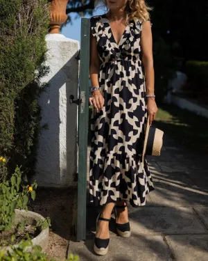 Elegant Floral Printed  V-neck Midi Dress