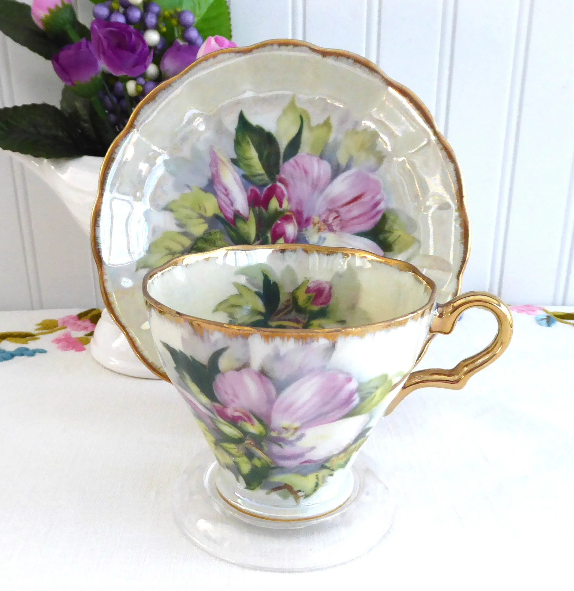 Fancy Cup And Saucer Japanese Luster Hibiscus August 1950s Hand Painted