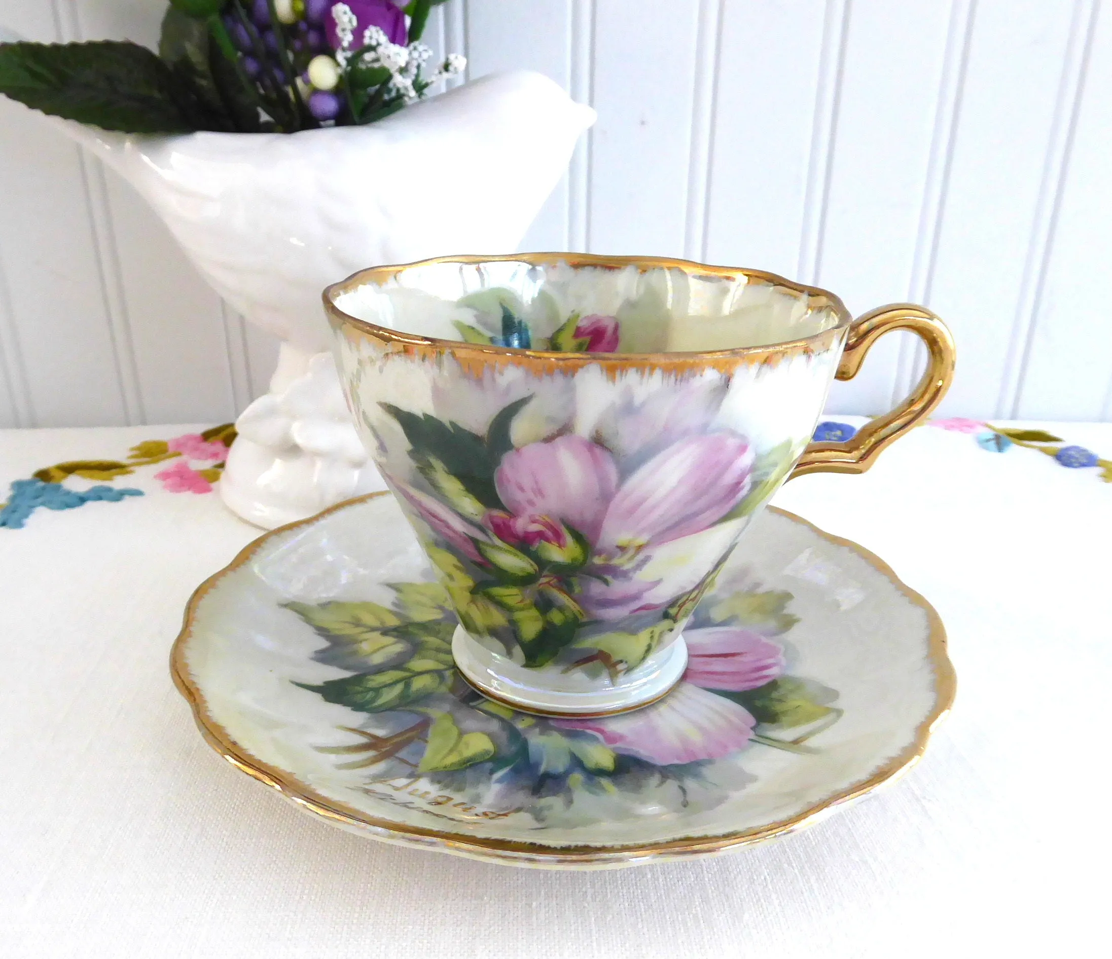 Fancy Cup And Saucer Japanese Luster Hibiscus August 1950s Hand Painted