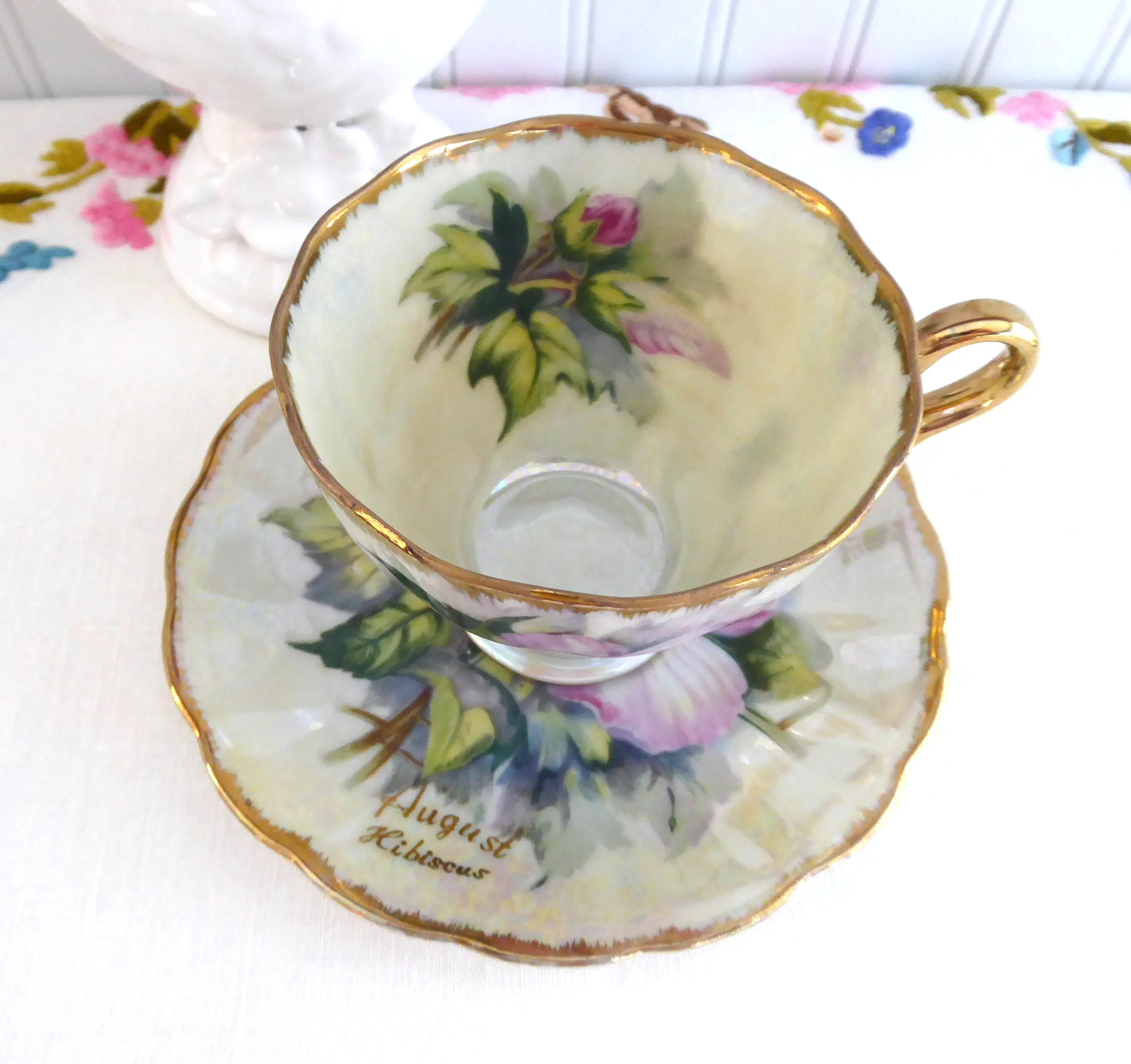 Fancy Cup And Saucer Japanese Luster Hibiscus August 1950s Hand Painted