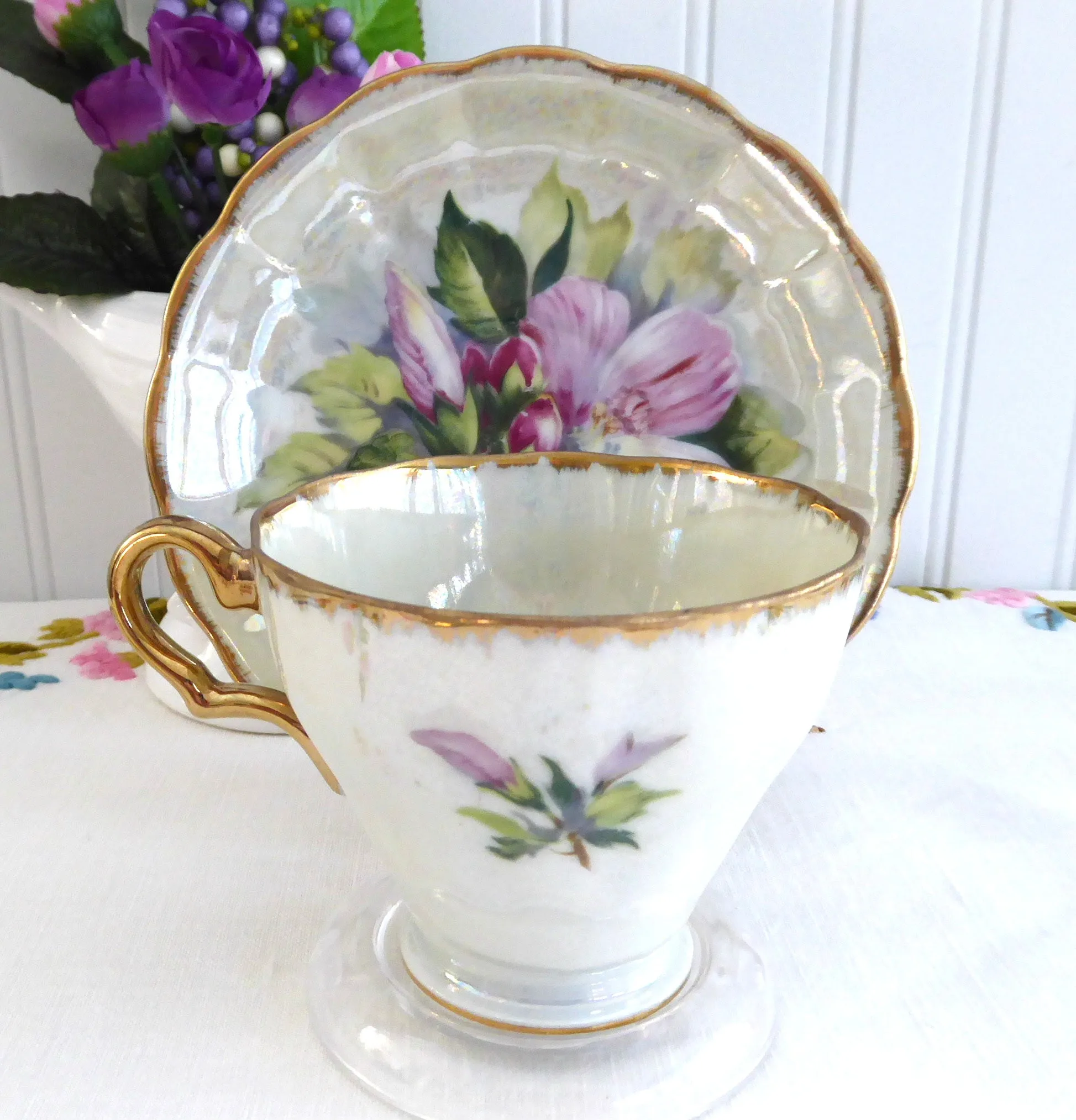 Fancy Cup And Saucer Japanese Luster Hibiscus August 1950s Hand Painted